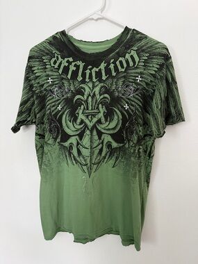 Affliction Y2K Graphic Tee Olive Green S NWOT Distressed Wing & Crest